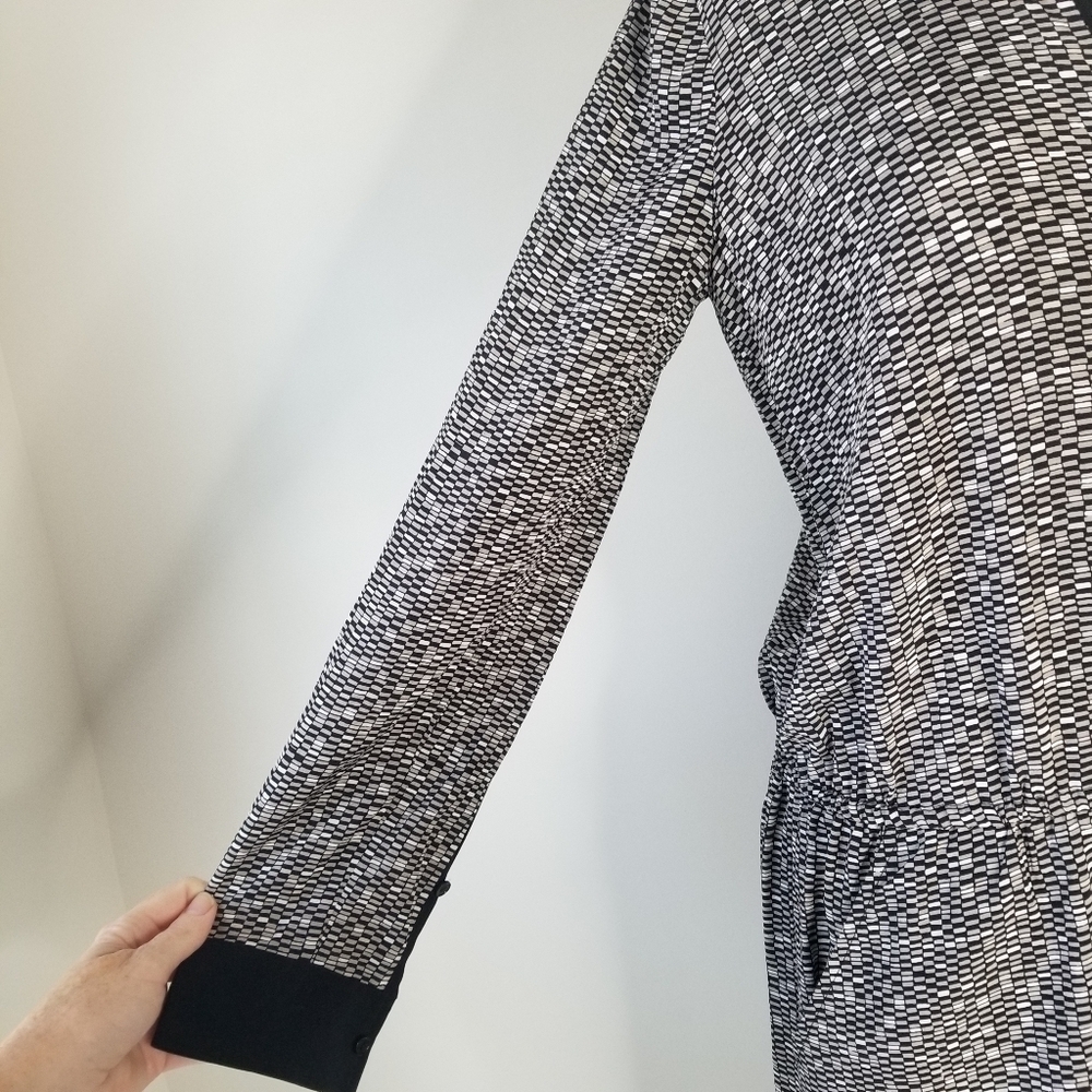 VINCE Drawstring 100% Silk Grid-Print Gray Dress Roll Tab Sleeves Size S - Picture 8 of 16